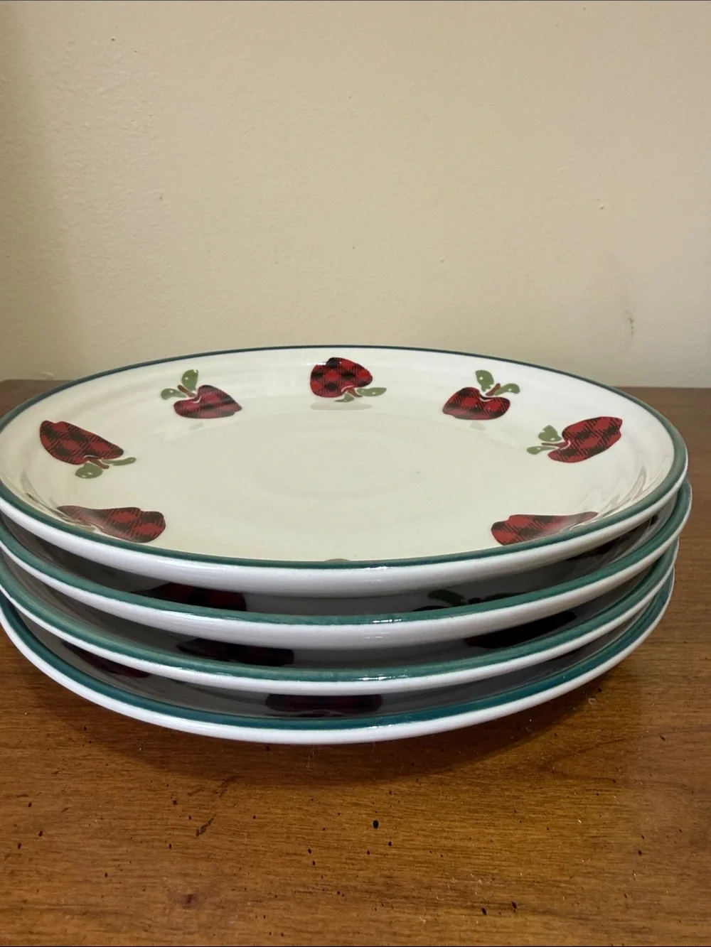 Plaid Apple Ceramic Dinner Plates with Green Trim (Set of 4)